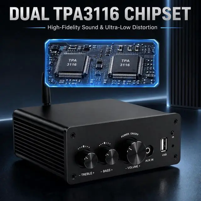 Alt view image 3 of 7 - 200W Mini Bluetooth Audio Amplifier Class D for Bookshelf Speaker | 2.0 Channel Integrated Amp, Optical Coaxial USB AUX Input, HiFi, 200W RMS (LP-615B)