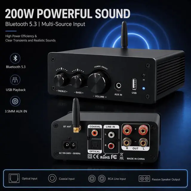 Alt view image 4 of 7 - 200W Mini Bluetooth Audio Amplifier Class D for Bookshelf Speaker | 2.0 Channel Integrated Amp, Optical Coaxial USB AUX Input, HiFi, 200W RMS (LP-615B)