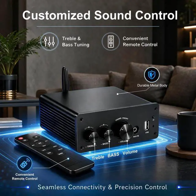 Alt view image 5 of 7 - 200W Mini Bluetooth Audio Amplifier Class D for Bookshelf Speaker | 2.0 Channel Integrated Amp, Optical Coaxial USB AUX Input, HiFi, 200W RMS (LP-615B)
