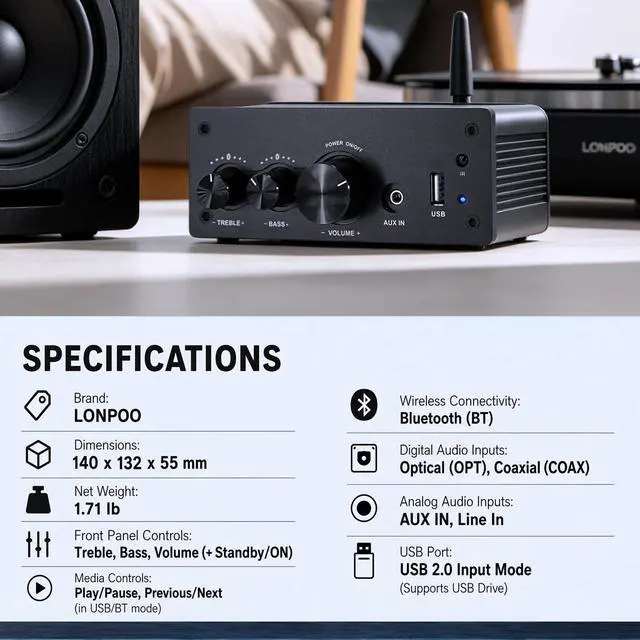 Alt view image 7 of 7 - 200W Mini Bluetooth Audio Amplifier Class D for Bookshelf Speaker | 2.0 Channel Integrated Amp, Optical Coaxial USB AUX Input, HiFi, 200W RMS (LP-615B)