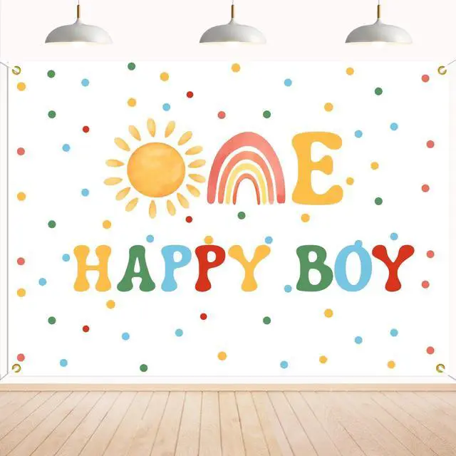 Main image of One Happy Boy Backdrop - Boho Boy's 1st Birthday Decor, First Trip Around the Sun Decor, Sunshine Birthday Baby Shower Party Decorations for boy 7x5ft
