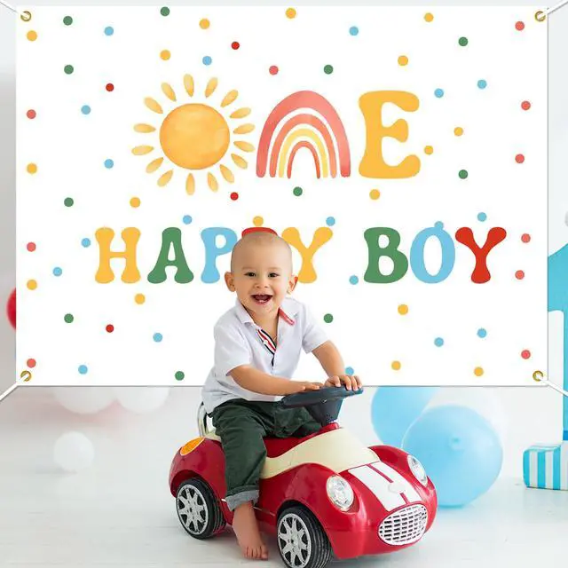 Alt view image 4 of 6 - One Happy Boy Backdrop - Boho Boy's 1st Birthday Decor, First Trip Around the Sun Decor, Sunshine Birthday Baby Shower Party Decorations for boy 7x5ft