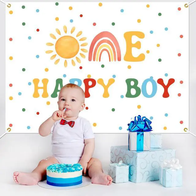 Alt view image 5 of 6 - One Happy Boy Backdrop - Boho Boy's 1st Birthday Decor, First Trip Around the Sun Decor, Sunshine Birthday Baby Shower Party Decorations for boy 7x5ft