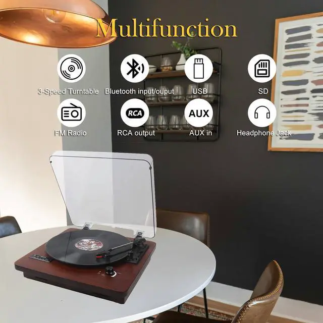 Alt view image 2 of 6 - Vinyl Record Player with Bluetooth Input/Output, FM Radio, USB/SD Play&Recording, 3 Speed Turntable with Built-in Speakers, RCA Output, AUX in, Earphone Jack