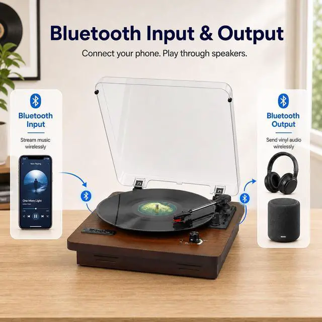 Alt view image 3 of 6 - Vinyl Record Player with Bluetooth Input/Output, FM Radio, USB/SD Play&Recording, 3 Speed Turntable with Built-in Speakers, RCA Output, AUX in, Earphone Jack