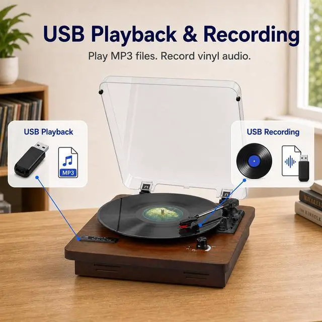 Alt view image 4 of 6 - Vinyl Record Player with Bluetooth Input/Output, FM Radio, USB/SD Play&Recording, 3 Speed Turntable with Built-in Speakers, RCA Output, AUX in, Earphone Jack
