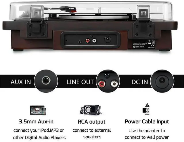 Alt view image 5 of 6 - Vinyl Record Player with Bluetooth Input/Output, FM Radio, USB/SD Play&Recording, 3 Speed Turntable with Built-in Speakers, RCA Output, AUX in, Earphone Jack