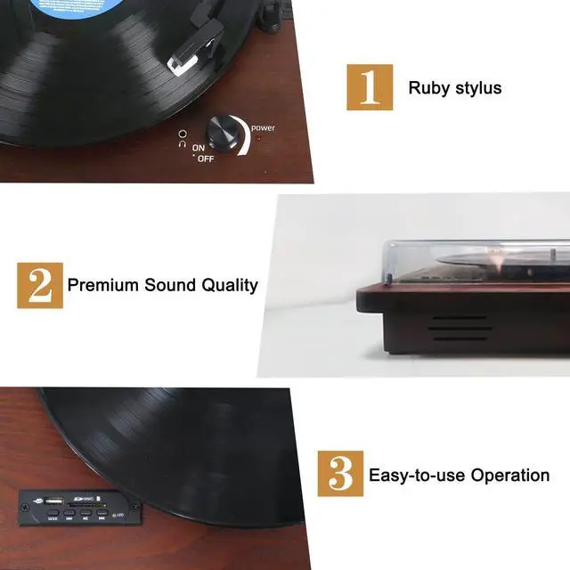 Alt view image 6 of 6 - Vinyl Record Player with Bluetooth Input/Output, FM Radio, USB/SD Play&Recording, 3 Speed Turntable with Built-in Speakers, RCA Output, AUX in, Earphone Jack