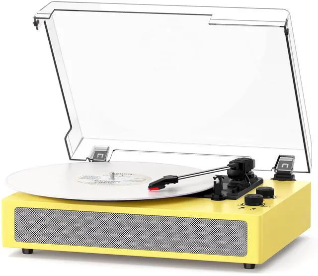 Main image of Yellow Bluetooth Record Player, 3-Speed Belt Drive Turntable | Bright vintage design with Bluetooth, 3-speed playback, stereo speakers, auto stop, AUX input and RCA output