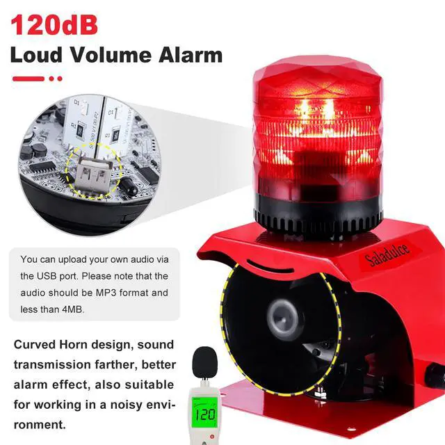 Alt view image 2 of 6 - 120dB Industrial Siren Alarm, IP65 Outdoor Sound and Light Alarm, Adjustable Volume & Tone for Home, Office, Factory, Warehouse (Industrial, 12, V)