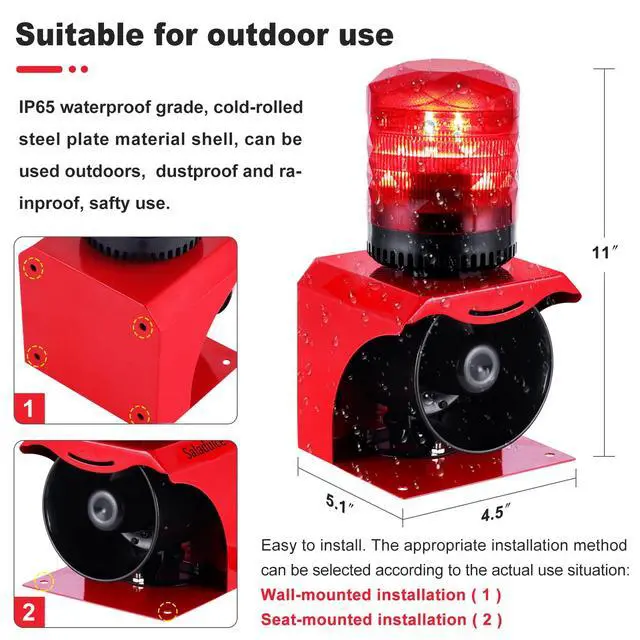 Alt view image 6 of 6 - 120dB Industrial Siren Alarm, IP65 Outdoor Sound and Light Alarm, Adjustable Volume & Tone for Home, Office, Factory, Warehouse (Industrial, 12, V)