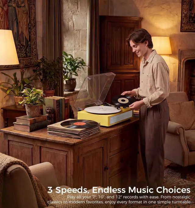 Alt view image 4 of 6 - Yellow Bluetooth Record Player, 3-Speed Belt Drive Turntable | Bright vintage design with Bluetooth, 3-speed playback, stereo speakers, auto stop, AUX input and RCA output