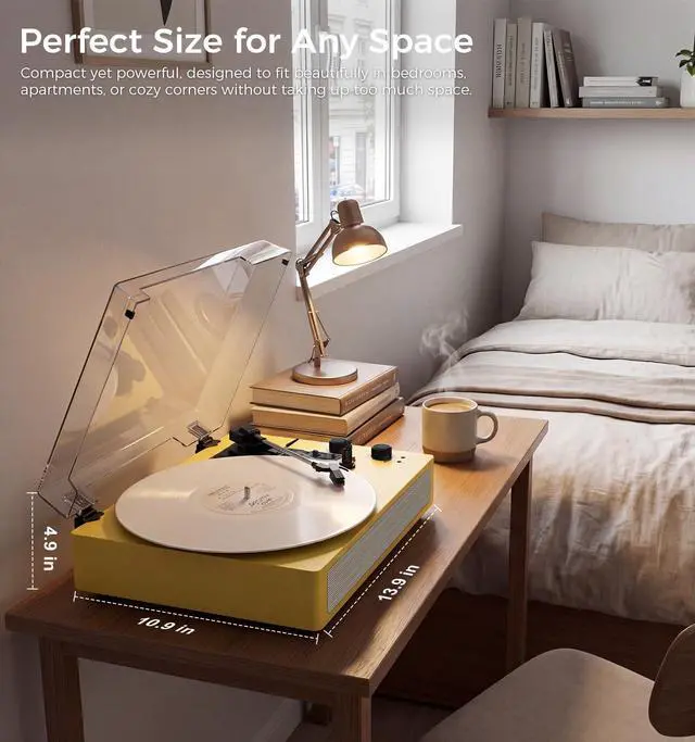Alt view image 6 of 6 - Yellow Bluetooth Record Player, 3-Speed Belt Drive Turntable | Bright vintage design with Bluetooth, 3-speed playback, stereo speakers, auto stop, AUX input and RCA output