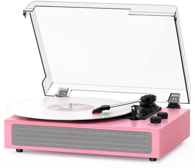 Main image of Pink Bluetooth Record Player, 3-Speed Belt Drive Turntable | Stylish pink design with Bluetooth, dual stereo speakers, 3-speed playback, auto stop, AUX, RCA and headphone jack