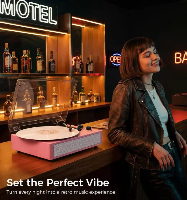 Alt view image 3 of 6 - Pink Bluetooth Record Player, 3-Speed Belt Drive Turntable | Stylish pink design with Bluetooth, dual stereo speakers, 3-speed playback, auto stop, AUX, RCA and headphone jack
