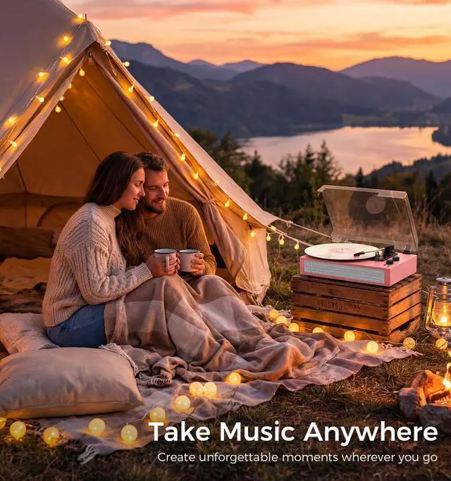 Alt view image 2 of 6 - Pink Bluetooth Record Player, 3-Speed Belt Drive Turntable | Stylish pink design with Bluetooth, dual stereo speakers, 3-speed playback, auto stop, AUX, RCA and headphone jack