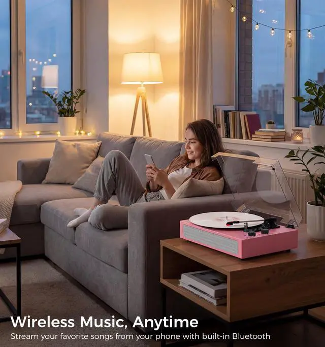 Alt view image 5 of 6 - Pink Bluetooth Record Player, 3-Speed Belt Drive Turntable | Stylish pink design with Bluetooth, dual stereo speakers, 3-speed playback, auto stop, AUX, RCA and headphone jack