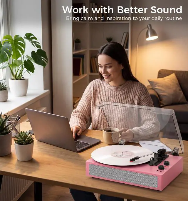 Alt view image 4 of 6 - Pink Bluetooth Record Player, 3-Speed Belt Drive Turntable | Stylish pink design with Bluetooth, dual stereo speakers, 3-speed playback, auto stop, AUX, RCA and headphone jack