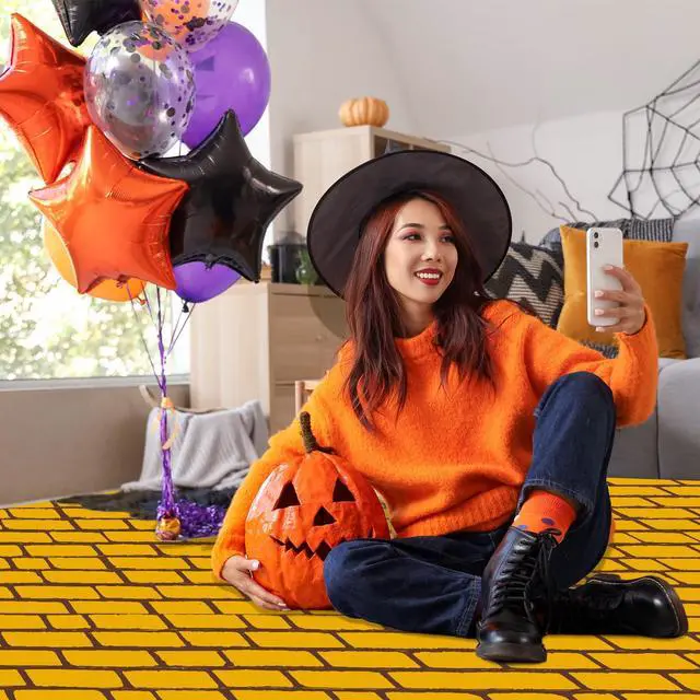 Alt view image 6 of 7 - Yellow Long Brick Floor Runner Brick Wall Backdrop Carpet for Halloween Wizard Cosplay Party Princess Decorations (54 in X 32.8 ft)