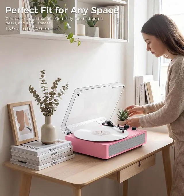 Alt view image 6 of 6 - Pink Bluetooth Record Player, 3-Speed Belt Drive Turntable | Stylish pink design with Bluetooth, dual stereo speakers, 3-speed playback, auto stop, AUX, RCA and headphone jack
