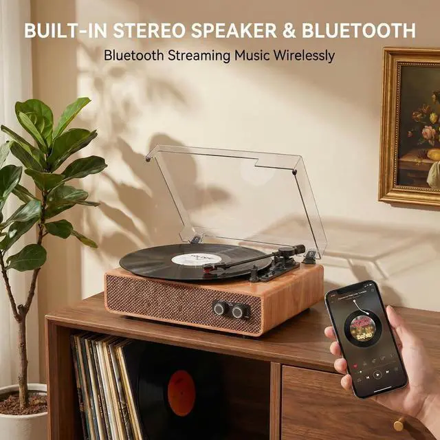 Alt view image 3 of 7 - Vinyl Record Player, 3-Speed Turntable with Built-in Speakers, Bluetooth, Adjustable Tonearm Weight, Retro Record Player with Auto Stop, Anti-Vibration Vintage Style for Home Decor & Music Lovers