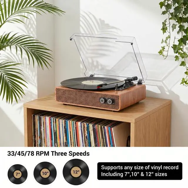 Alt view image 2 of 7 - Vinyl Record Player, 3-Speed Turntable with Built-in Speakers, Bluetooth, Adjustable Tonearm Weight, Retro Record Player with Auto Stop, Anti-Vibration Vintage Style for Home Decor & Music Lovers