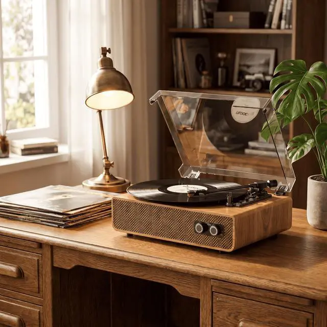 Alt view image 6 of 7 - Vinyl Record Player, 3-Speed Turntable with Built-in Speakers, Bluetooth, Adjustable Tonearm Weight, Retro Record Player with Auto Stop, Anti-Vibration Vintage Style for Home Decor & Music Lovers