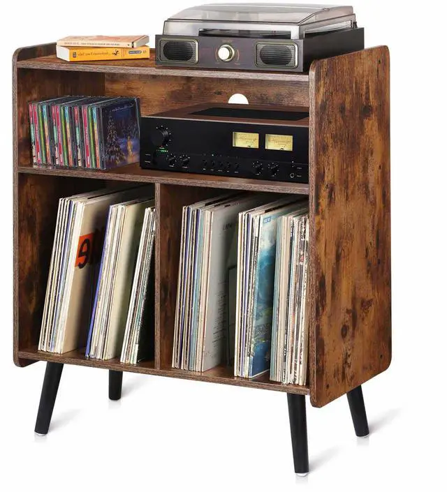 Main image of 3-Tier Vintage Record Player Stand, Mid-Century Vinyl Record Storage Cabinet Table Holds up to 100 Albums, Large Wood Turntable Stand for Living Room, Office, Rustic Brown