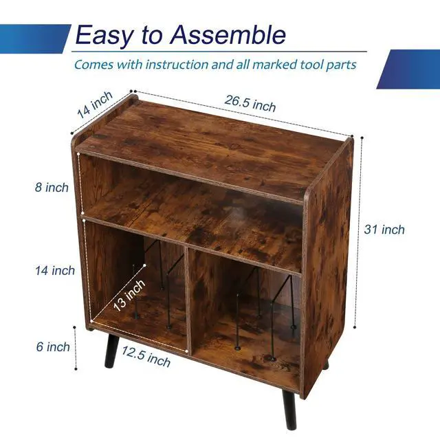Alt view image 2 of 6 - 3-Tier Vintage Record Player Stand, Mid-Century Vinyl Record Storage Cabinet Table Holds up to 100 Albums, Large Wood Turntable Stand for Living Room, Office, Rustic Brown