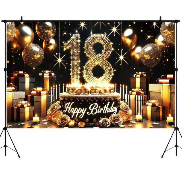 Main image of Happy 18th Birthday Decoration Backdrop Banner Black Gold Birthday Sign Poster Photography Background 18 Year Birthday Party Decorations Supplies Indoor Outdoor 71.8 x 43.3 Inch