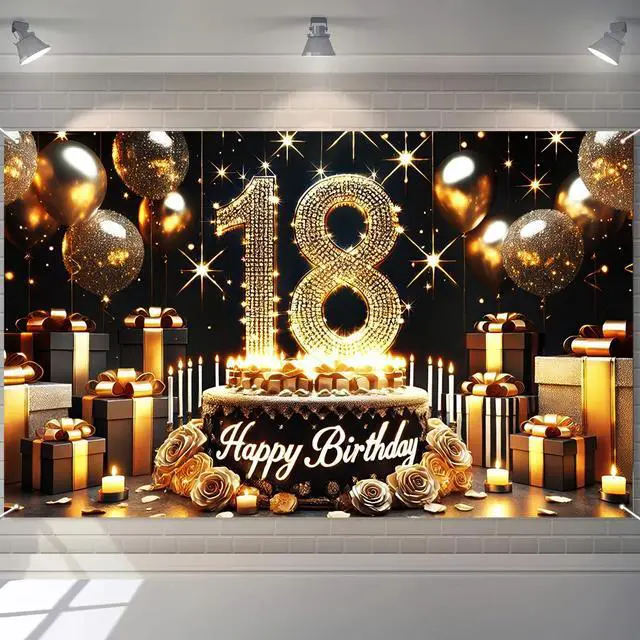 Alt view image 2 of 7 - Happy 18th Birthday Decoration Backdrop Banner Black Gold Birthday Sign Poster Photography Background 18 Year Birthday Party Decorations Supplies Indoor Outdoor 71.8 x 43.3 Inch