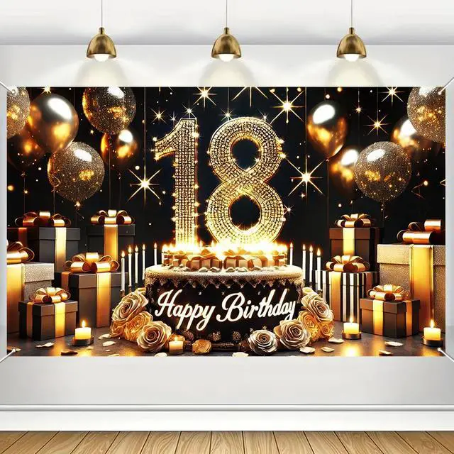 Alt view image 3 of 7 - Happy 18th Birthday Decoration Backdrop Banner Black Gold Birthday Sign Poster Photography Background 18 Year Birthday Party Decorations Supplies Indoor Outdoor 71.8 x 43.3 Inch