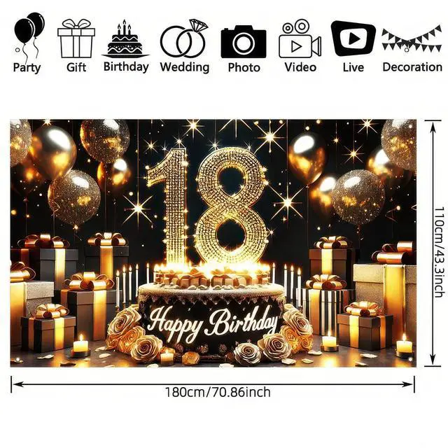 Alt view image 5 of 7 - Happy 18th Birthday Decoration Backdrop Banner Black Gold Birthday Sign Poster Photography Background 18 Year Birthday Party Decorations Supplies Indoor Outdoor 71.8 x 43.3 Inch