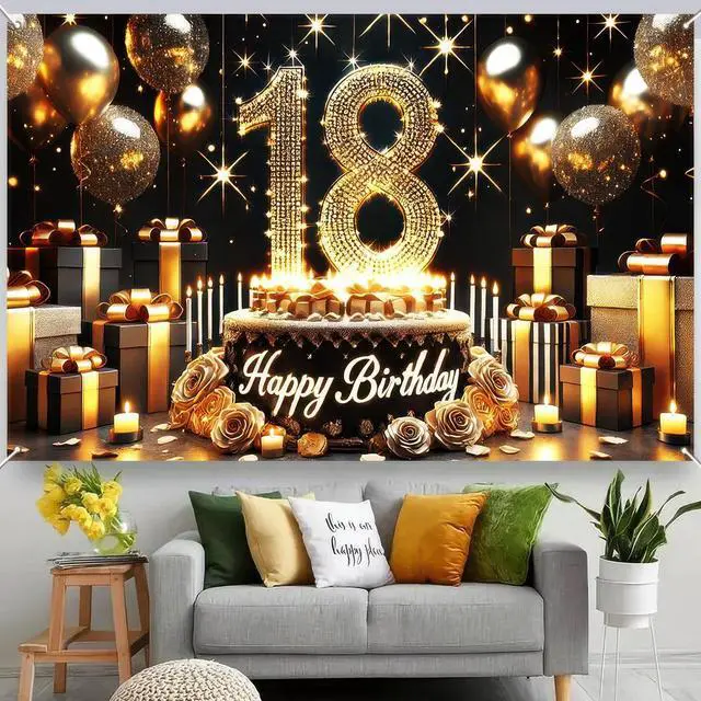 Alt view image 4 of 7 - Happy 18th Birthday Decoration Backdrop Banner Black Gold Birthday Sign Poster Photography Background 18 Year Birthday Party Decorations Supplies Indoor Outdoor 71.8 x 43.3 Inch