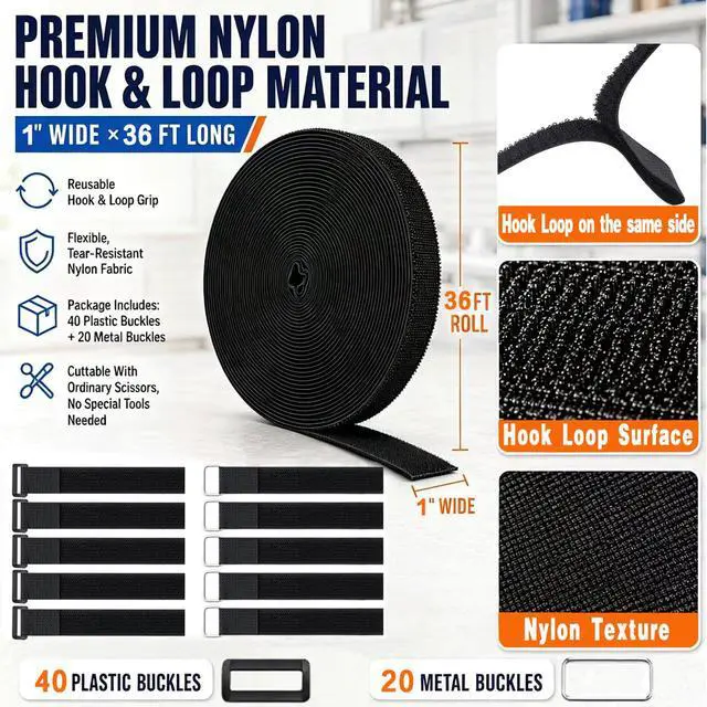 Alt view image 2 of 6 - 1"x36Ft Reusable Hook and Loop Straps With 60 Plastic&Metal Buckles | Adjustable Fastening Cable Straps,Cut-to-Length Cinch Strap,Black Nylon Cord Ties,Long Cable Ties for Organizer or Storage