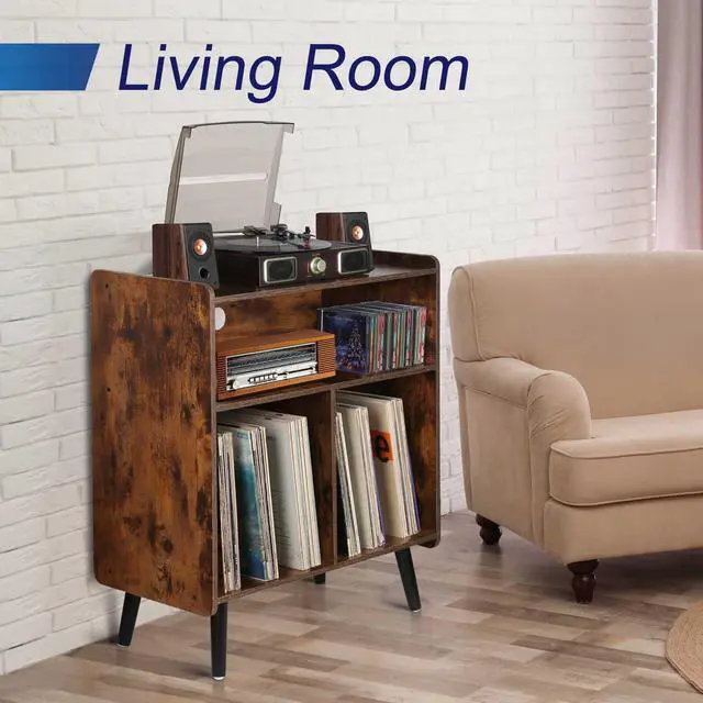 Alt view image 3 of 6 - 3-Tier Vintage Record Player Stand, Mid-Century Vinyl Record Storage Cabinet Table Holds up to 100 Albums, Large Wood Turntable Stand for Living Room, Office, Rustic Brown