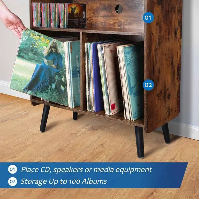 Alt view image 4 of 6 - 3-Tier Vintage Record Player Stand, Mid-Century Vinyl Record Storage Cabinet Table Holds up to 100 Albums, Large Wood Turntable Stand for Living Room, Office, Rustic Brown