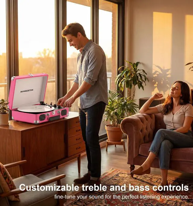 Alt view image 2 of 6 - Pink Bluetooth Record Player, 3-Speed Suitcase Turntable | Stylish pink design with Bluetooth, 3-speed vinyl playback, dual speakers, tone control, AUX input and RCA output