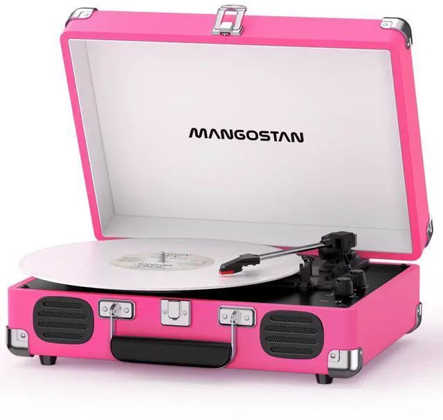 Main image of Pink Bluetooth Record Player, 3-Speed Suitcase Turntable | Stylish pink design with Bluetooth, 3-speed vinyl playback, dual speakers, tone control, AUX input and RCA output