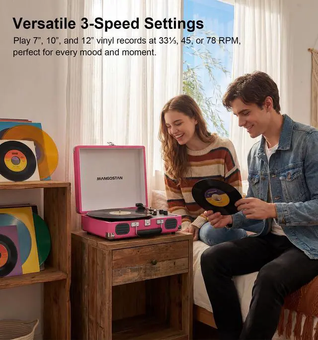 Alt view image 4 of 6 - Pink Bluetooth Record Player, 3-Speed Suitcase Turntable | Stylish pink design with Bluetooth, 3-speed vinyl playback, dual speakers, tone control, AUX input and RCA output