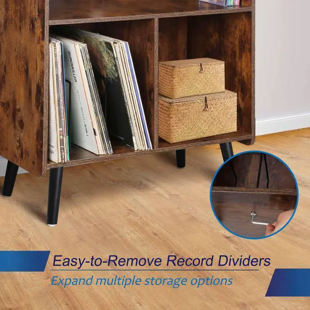 Alt view image 6 of 6 - 3-Tier Vintage Record Player Stand, Mid-Century Vinyl Record Storage Cabinet Table Holds up to 100 Albums, Large Wood Turntable Stand for Living Room, Office, Rustic Brown