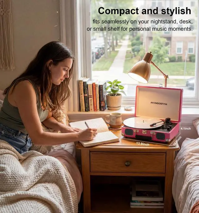 Alt view image 3 of 6 - Pink Bluetooth Record Player, 3-Speed Suitcase Turntable | Stylish pink design with Bluetooth, 3-speed vinyl playback, dual speakers, tone control, AUX input and RCA output