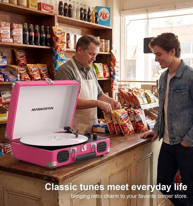 Alt view image 6 of 6 - Pink Bluetooth Record Player, 3-Speed Suitcase Turntable | Stylish pink design with Bluetooth, 3-speed vinyl playback, dual speakers, tone control, AUX input and RCA output