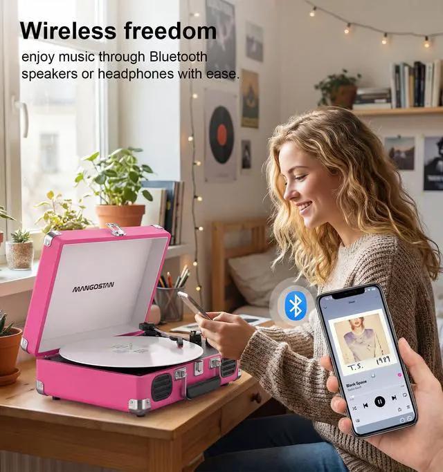 Alt view image 5 of 6 - Pink Bluetooth Record Player, 3-Speed Suitcase Turntable | Stylish pink design with Bluetooth, 3-speed vinyl playback, dual speakers, tone control, AUX input and RCA output