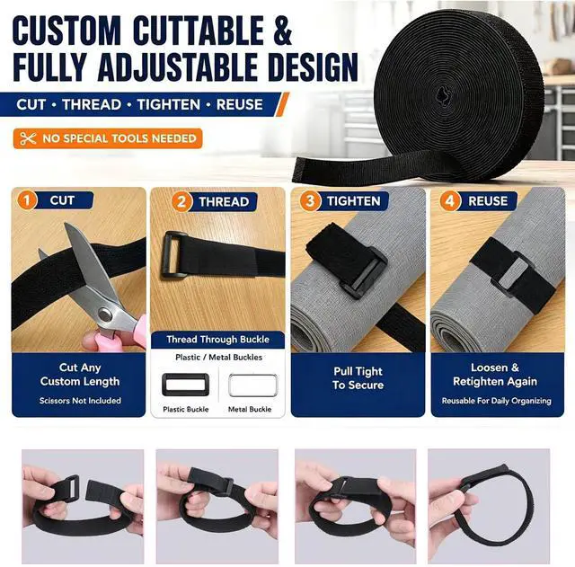 Alt view image 3 of 6 - 1.5"x18Ft Reusable Heavy Duty Hook and Loop Straps With 30 Buckles | Adjustable Fastening Cable Straps,Cut-to-Length Cinch Strap,Black Nylon Cord Ties,Long Cable Ties for Organizer or Storage