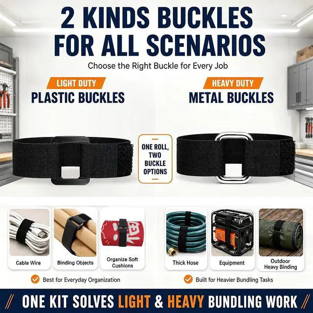 Alt view image 4 of 6 - 1"x36Ft Reusable Hook and Loop Straps With 60 Plastic&Metal Buckles | Adjustable Fastening Cable Straps,Cut-to-Length Cinch Strap,Black Nylon Cord Ties,Long Cable Ties for Organizer or Storage