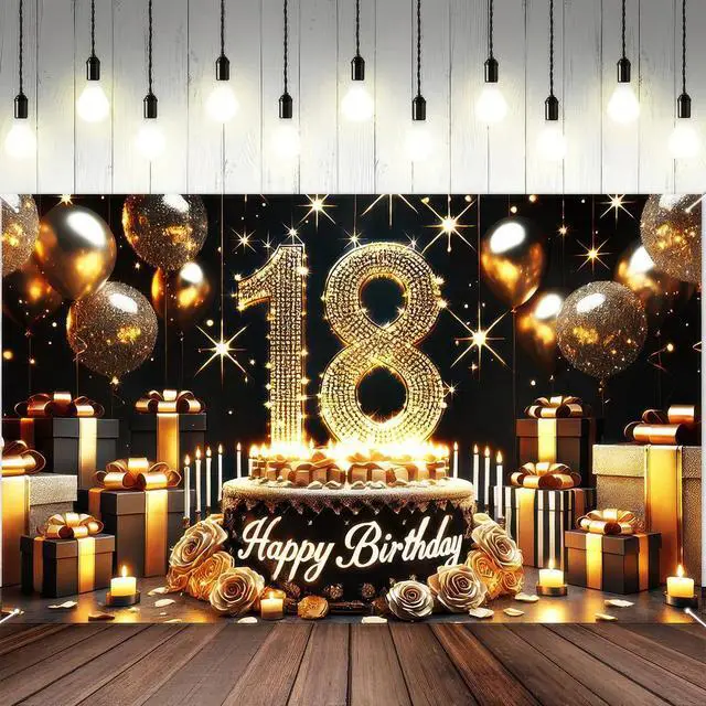 Alt view image 7 of 7 - Happy 18th Birthday Decoration Backdrop Banner Black Gold Birthday Sign Poster Photography Background 18 Year Birthday Party Decorations Supplies Indoor Outdoor 71.8 x 43.3 Inch