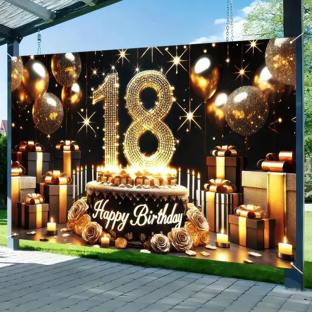 Alt view image 6 of 7 - Happy 18th Birthday Decoration Backdrop Banner Black Gold Birthday Sign Poster Photography Background 18 Year Birthday Party Decorations Supplies Indoor Outdoor 71.8 x 43.3 Inch
