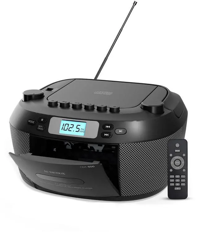 Main image of Portable CD & Cassette Player, AM/FM Radio, Bluetooth Boombox | AM/FM Radio, USB, MicroSD & AUX Inputs, Dual AC/Battery Power, Remote Control, Stereo Speakers, Easy-Carry Handle