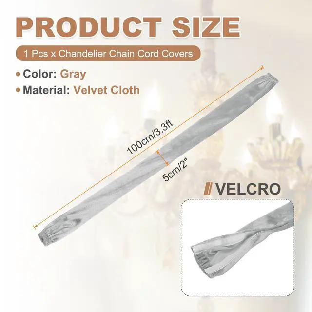 Alt view image 2 of 7 - 3.3ft Chandelier Chain Cord Cover, Velvet Cloth Fabric Chain Sleeve Decorative Cord Covers for Chandelier Wires Swing Cable, Hook and Loop Fastener Style, Gray
